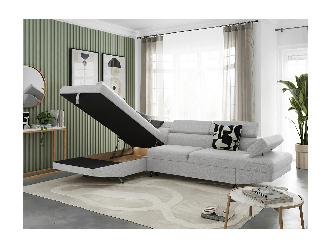 Canapé d'angle gauche 5 places Rio convertible avec coffre en tissu - Gris perle - L271 x P192 x H70cm - Loungitude