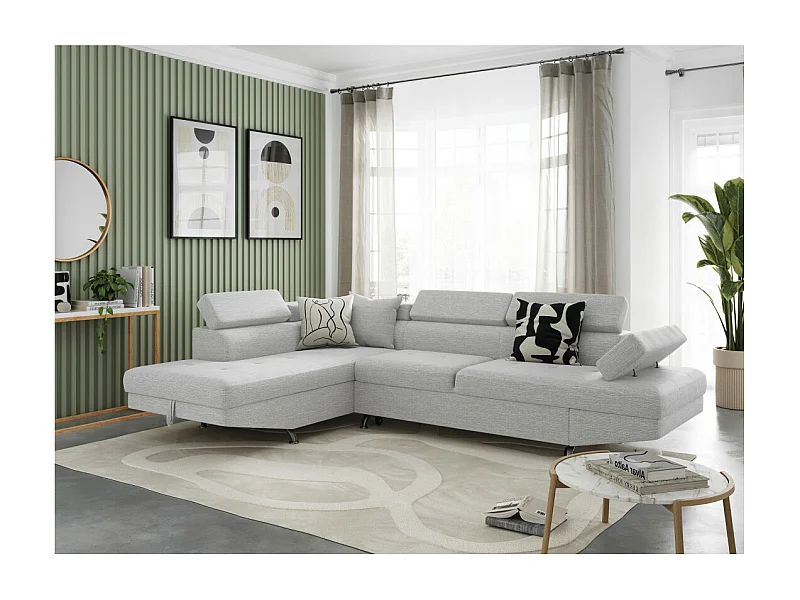 Canapé d'angle gauche 5 places Rio convertible avec coffre en tissu - Gris perle - L271 x P192 x H70cm - Loungitude