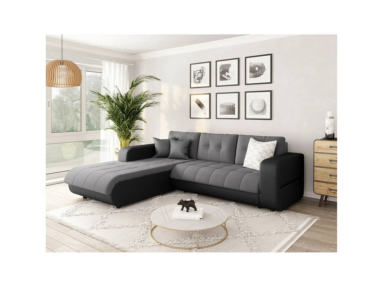 Canapé d'angle Gauche 4 places Suzie Convertible en Simili et Microfibre - Gris et Noir - L246 x 188 x 80cm - Loungitude