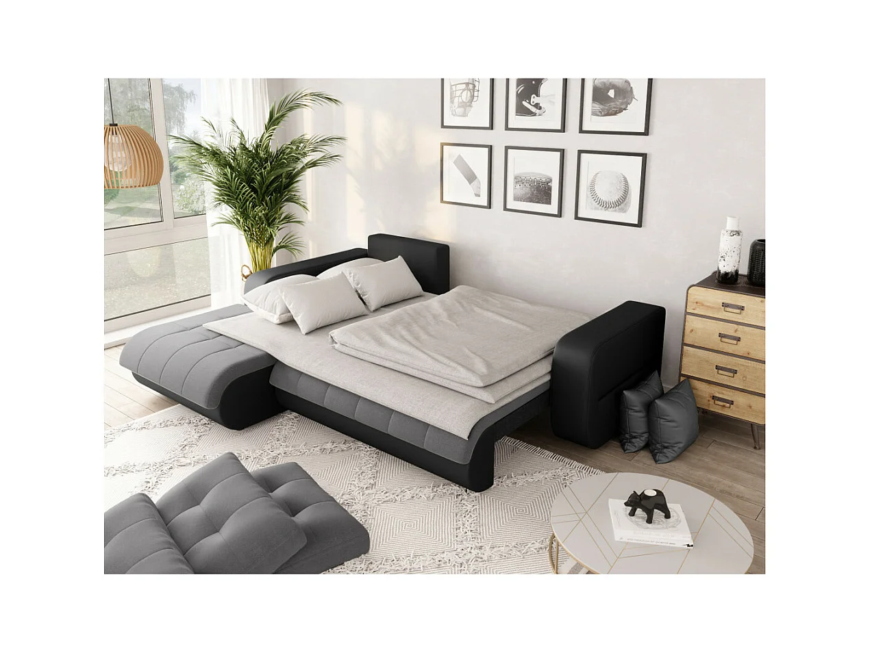 Canapé d'angle Gauche 4 places Suzie Convertible en Simili et Microfibre - Gris et Noir - L246 x 188 x 80cm - Loungitude