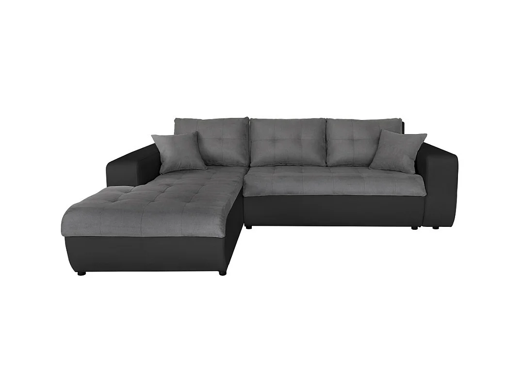 Canapé d'angle Gauche 4 places Suzie Convertible en Simili et Microfibre - Gris et Noir - L246 x 188 x 80cm - Loungitude