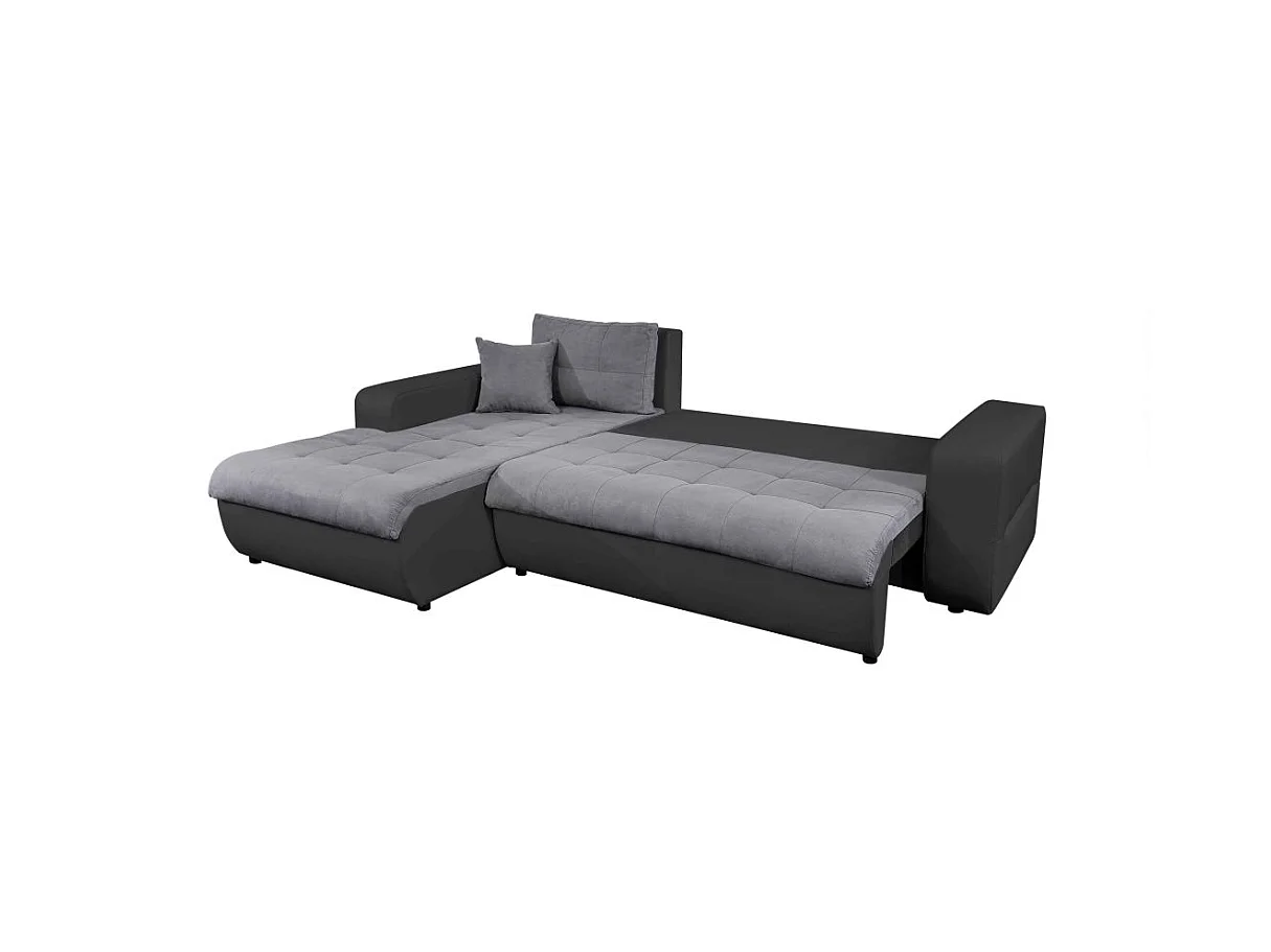 Canapé d'angle Gauche 4 places Suzie Convertible en Simili et Microfibre - Gris et Noir - L246 x 188 x 80cm - Loungitude