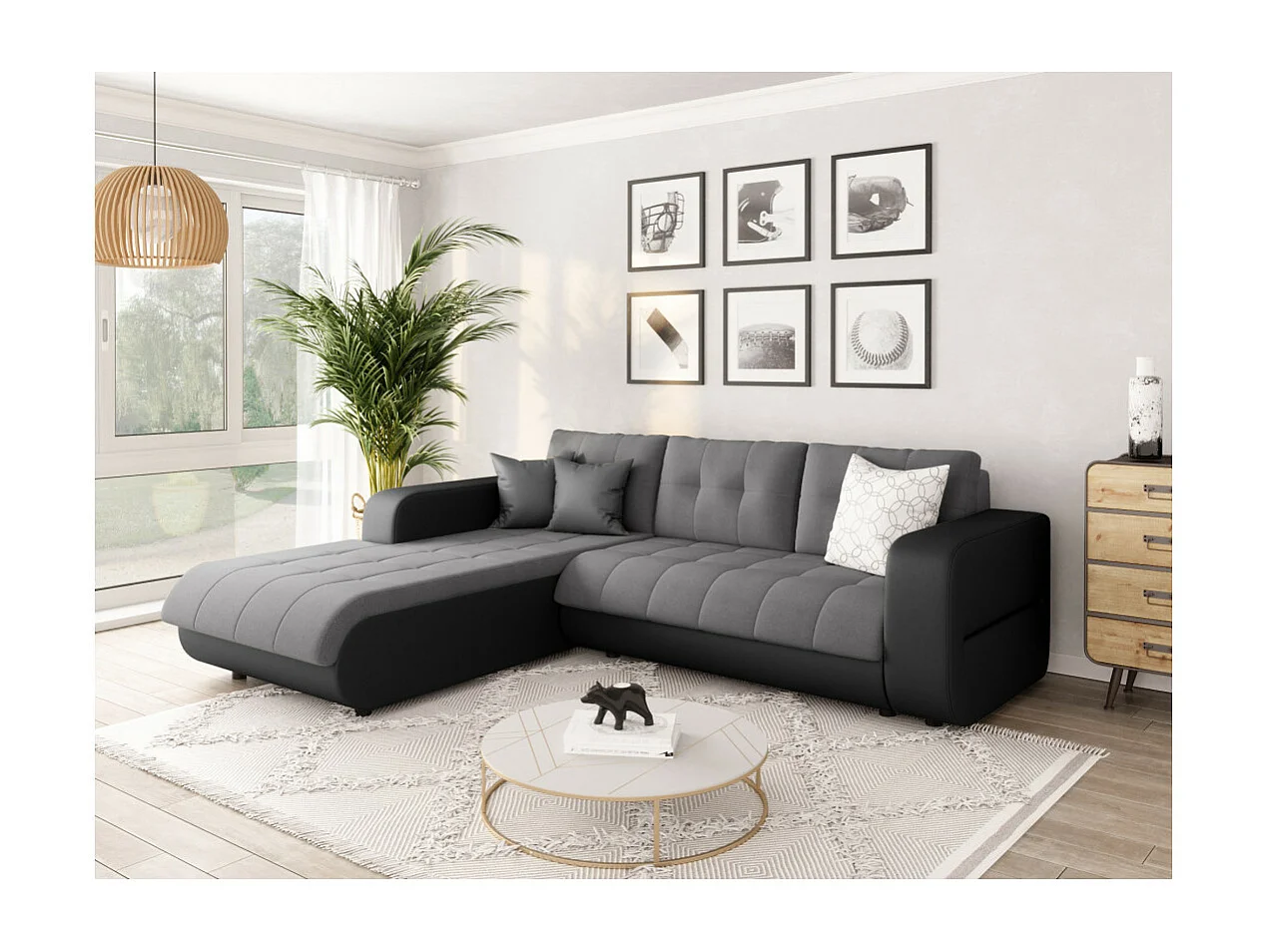 Canapé d'angle Gauche 4 places Suzie convertible en Simili et Microfibre - Gris et Noir - L246 x 188 x 80cm - Loungitude
