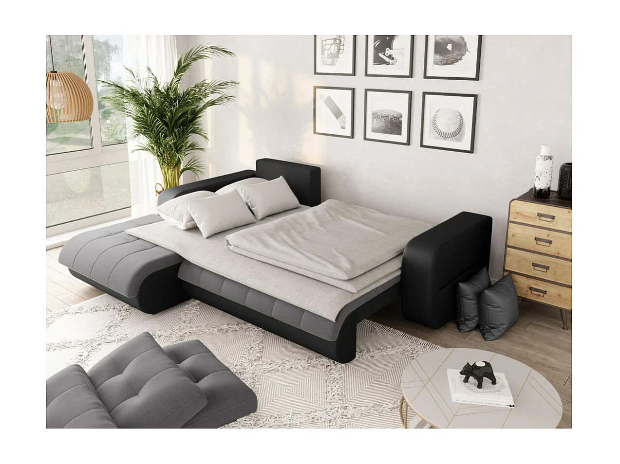 Canapé d'angle Gauche 4 places Suzie convertible en Simili et Microfibre - Gris et Noir - L246 x 188 x 80cm - Loungitude