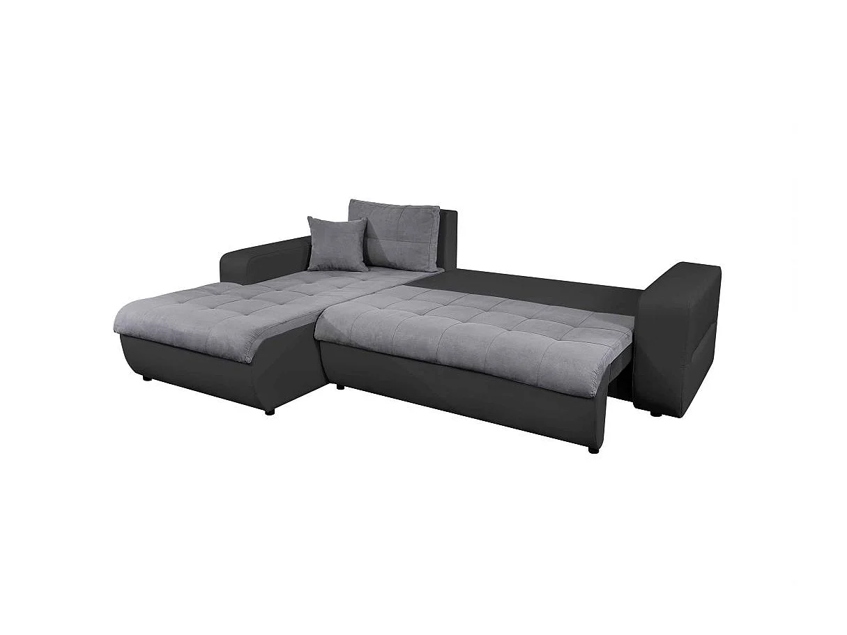 Canapé d'angle Gauche 4 places Suzie convertible en Simili et Microfibre - Gris et Noir - L246 x 188 x 80cm - Loungitude