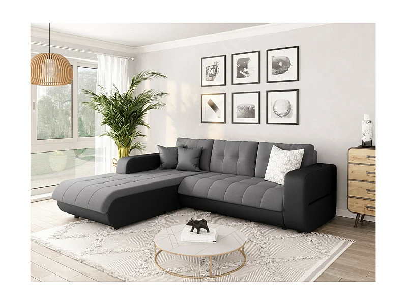 Canapé d'angle Gauche 4 places Suzie convertible en Simili et Microfibre - Gris et Noir - L246 x 188 x 80cm - Loungitude