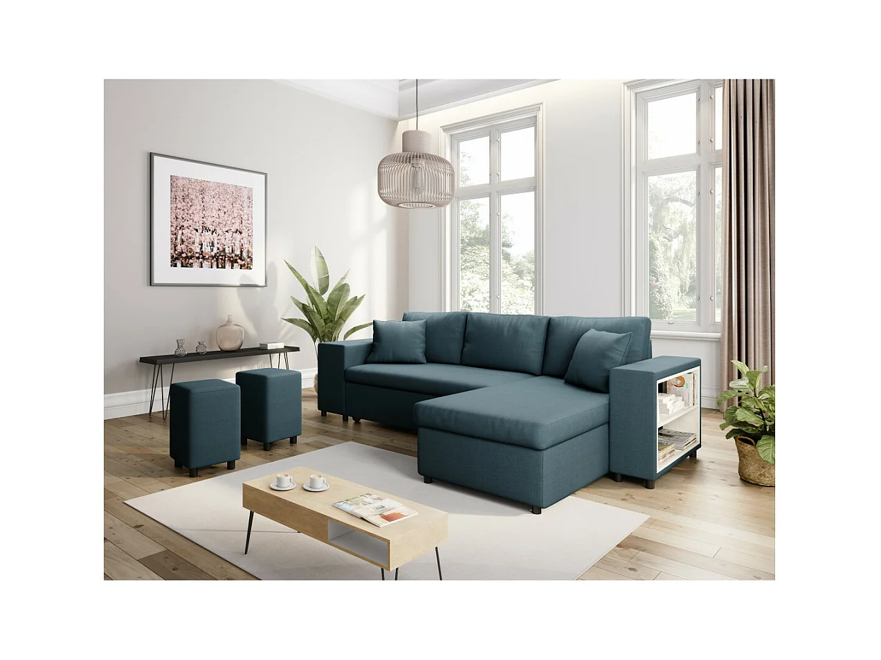 Canapé d'angle réversible Mady avec coffre, accoudoir étagère et poufs gauche en tissu - Bleu - L254 x P146 x H81cm - Loungitude