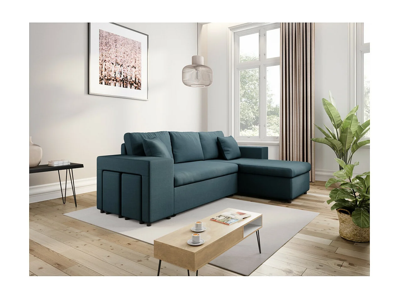 Canapé d'angle réversible Mady avec coffre, accoudoir étagère et poufs gauche en tissu - Bleu - L254 x P146 x H81cm - Loungitude
