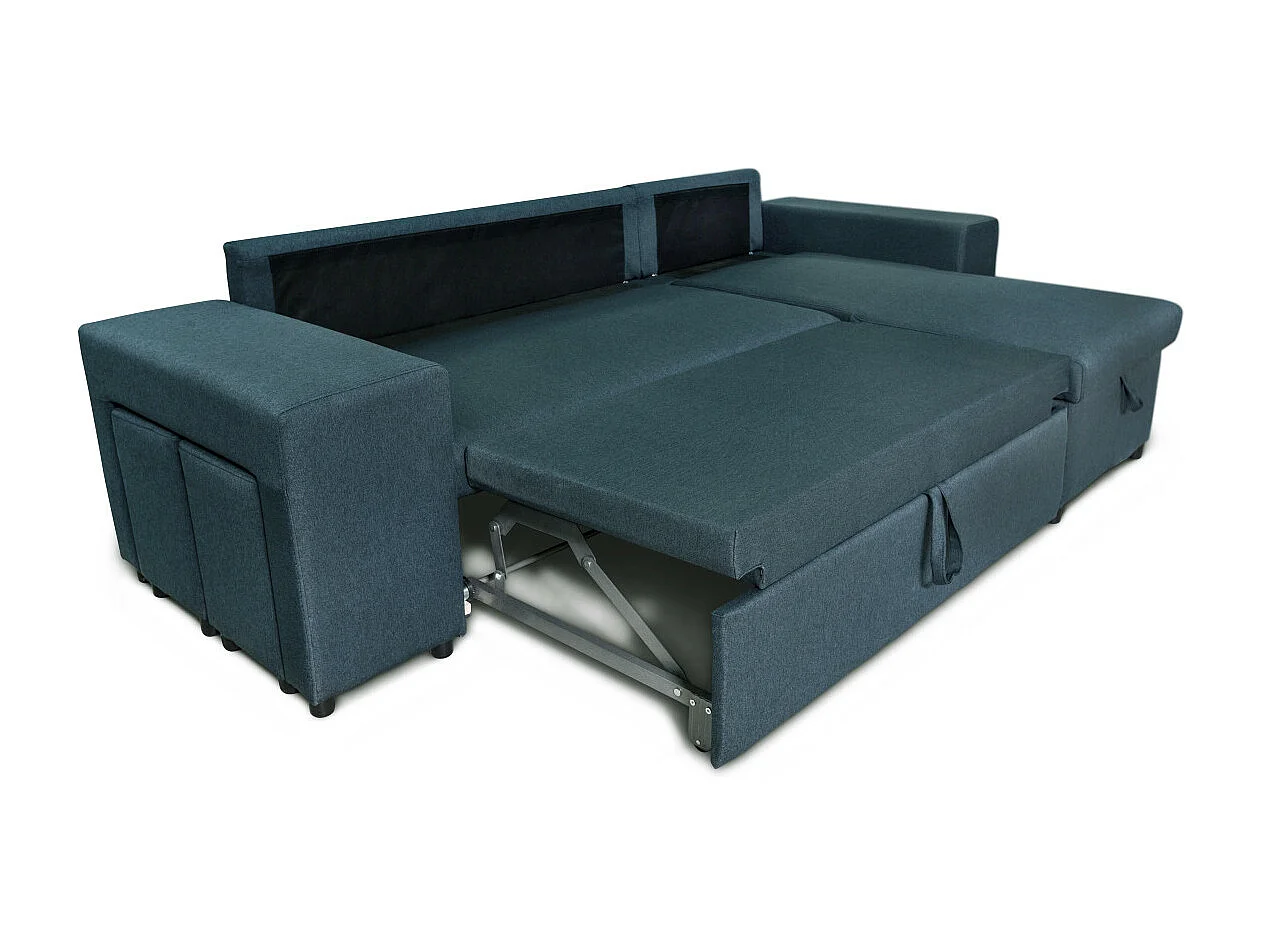 Canapé d'angle réversible Mady avec coffre, accoudoir étagère et poufs gauche en tissu - Bleu - L254 x P146 x H81cm - Loungitude
