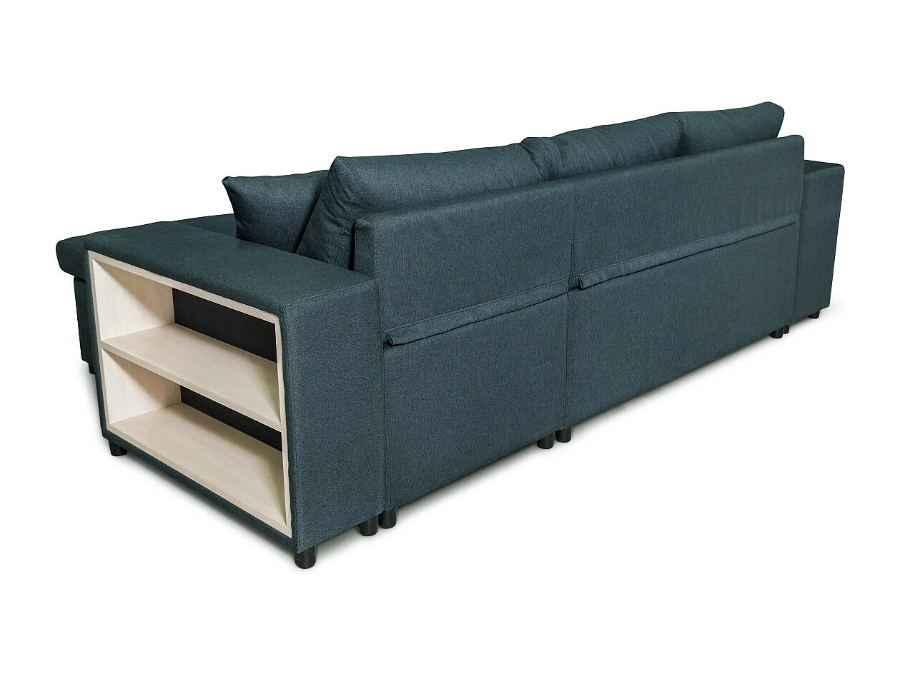 Canapé d'angle réversible Mady avec coffre, accoudoir étagère et poufs gauche en tissu - Bleu - L254 x P146 x H81cm - Loungitude