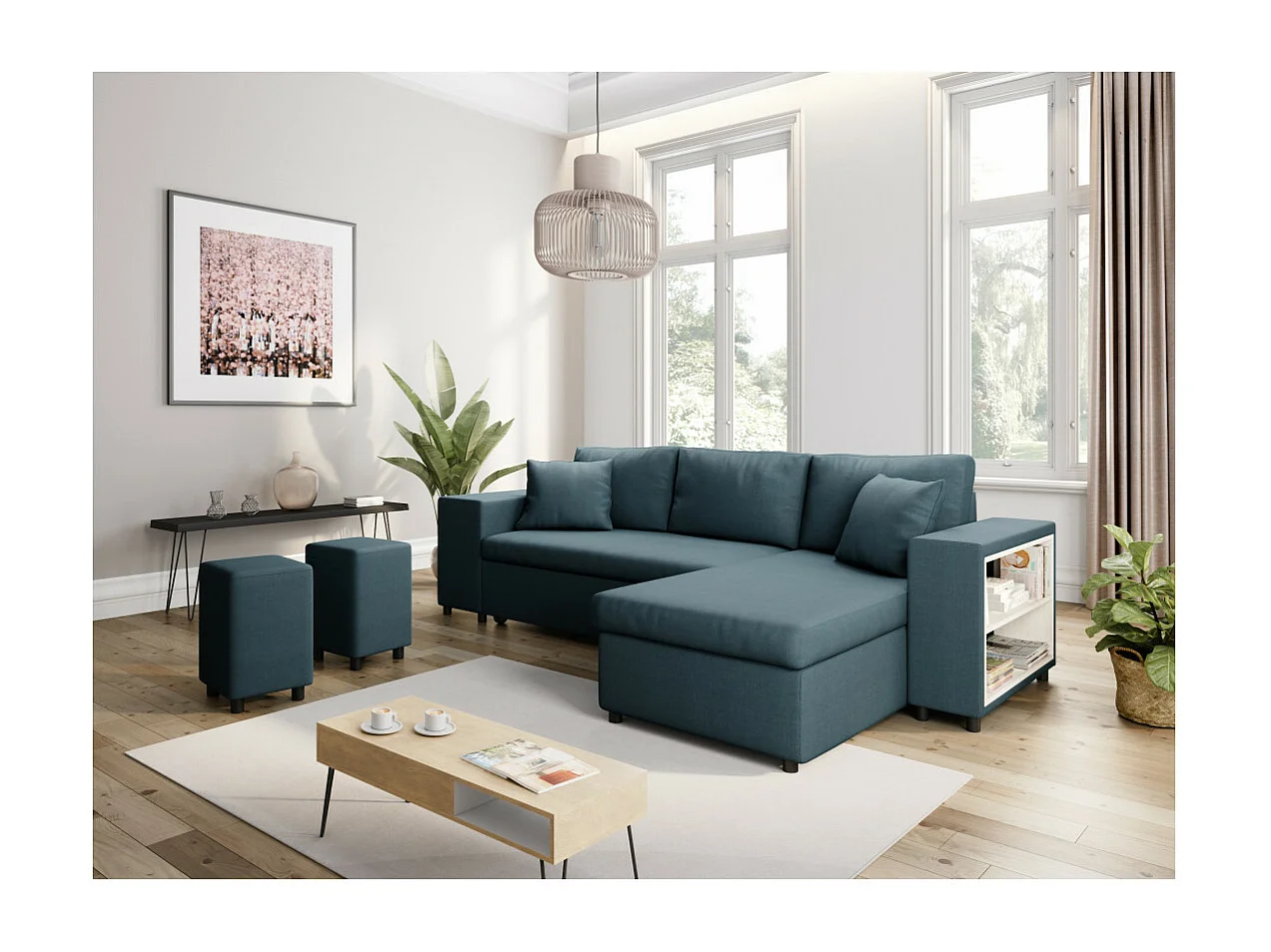 Canapé d'angle réversible Mady avec coffre, accoudoir étagère et poufs gauche en tissu - Bleu - L254 x P146 x H81cm - Loungitude