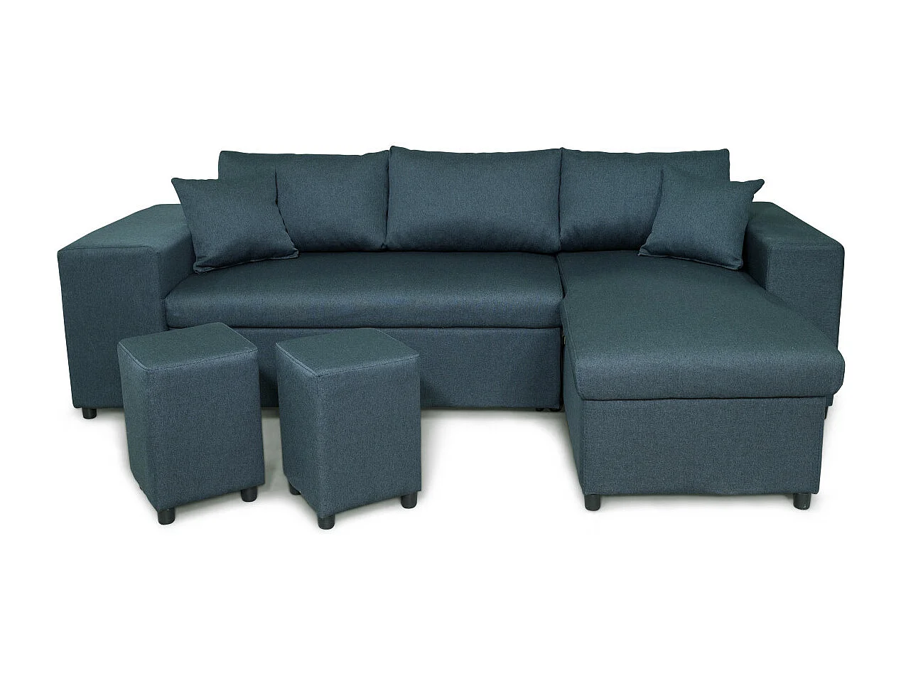 Canapé d'angle réversible Mady avec coffre, accoudoir étagère et poufs gauche en tissu - Bleu - L254 x P146 x H81cm - Loungitude