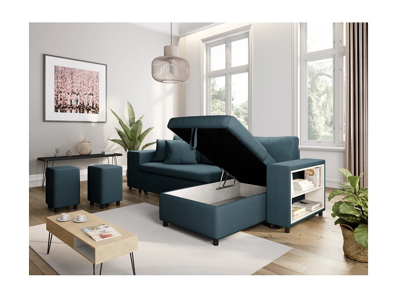 Canapé d'angle réversible Mady avec coffre, accoudoir étagère et poufs gauche en tissu - Bleu - L254 x P146 x H81cm - Loungitude