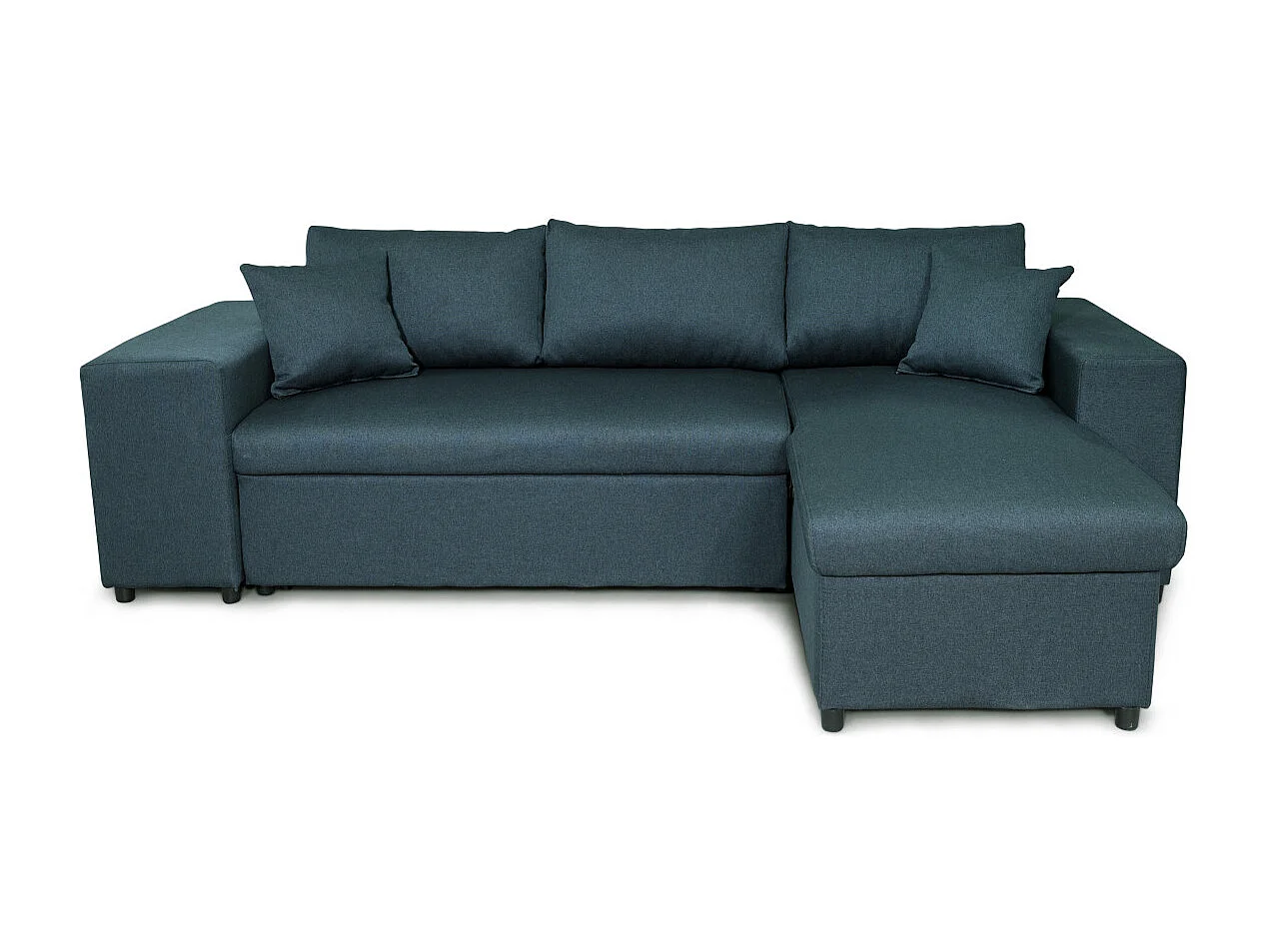Canapé d'angle réversible Mady avec coffre, accoudoir étagère et poufs gauche en tissu - Bleu - L254 x P146 x H81cm - Loungitude