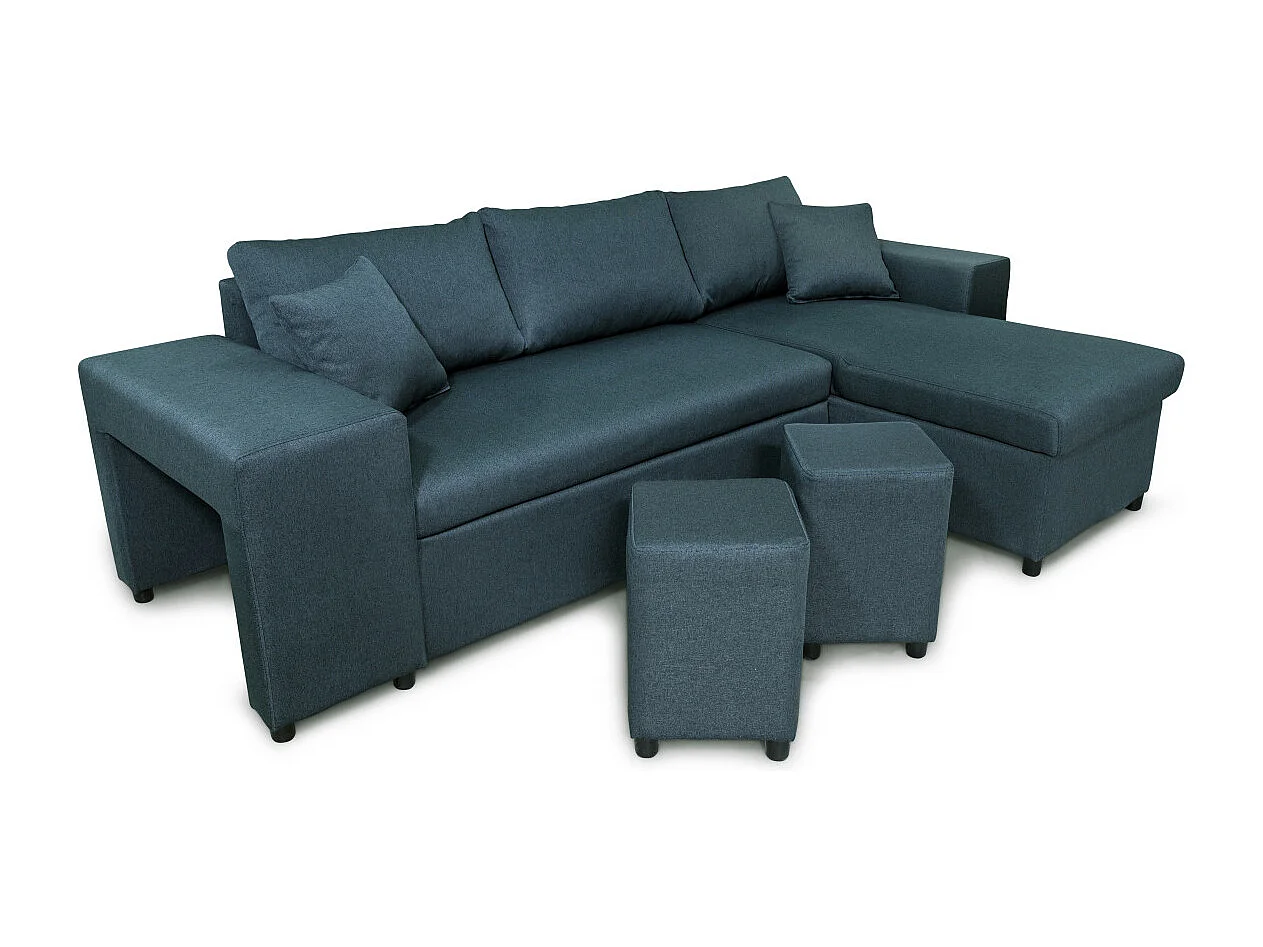 Canapé d'angle réversible Mady avec coffre, accoudoir étagère et poufs gauche en tissu - Bleu - L254 x P146 x H81cm - Loungitude