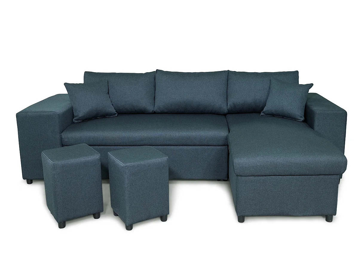 Canapé d'angle convertible 7 places avec pouf en tissu bleu MADY