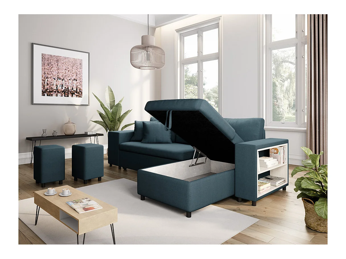 Canapé d'angle convertible 7 places avec pouf en tissu bleu MADY