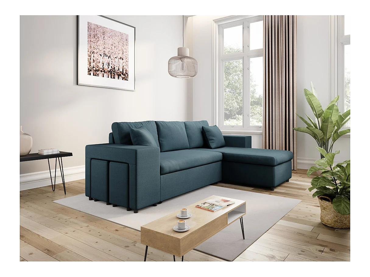 Canapé d'angle convertible 7 places avec pouf en tissu bleu MADY