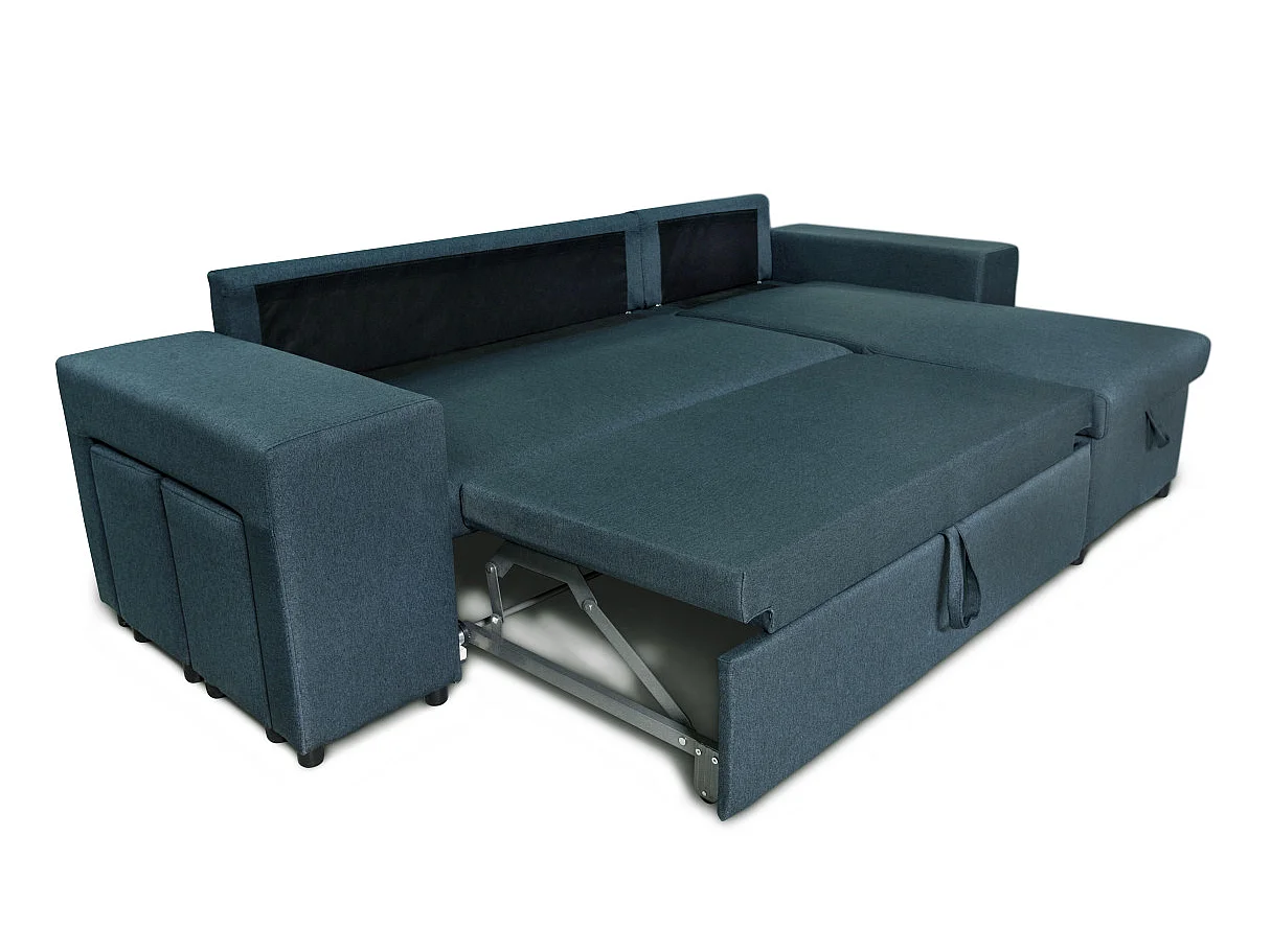 Canapé d'angle convertible 7 places avec pouf en tissu bleu MADY