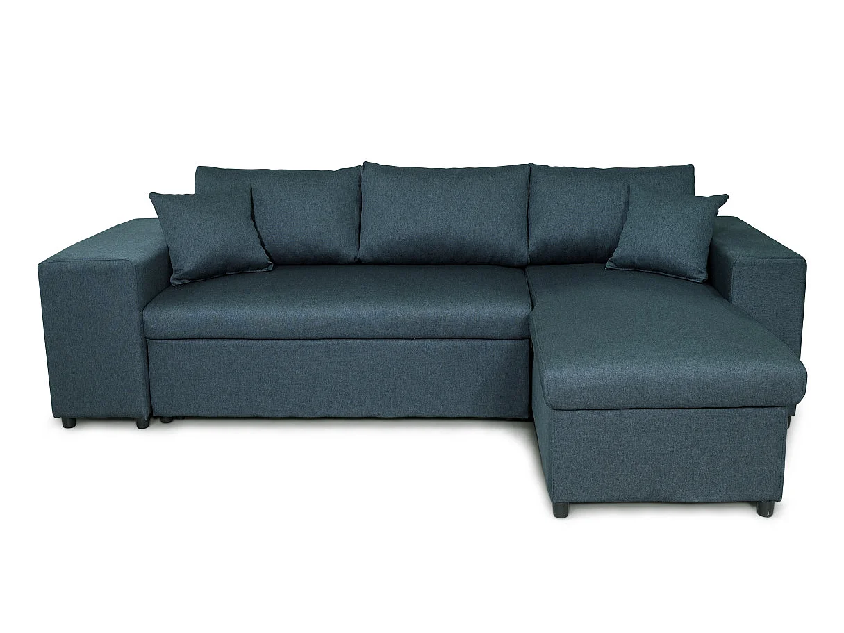 Canapé d'angle convertible 7 places avec pouf en tissu bleu MADY