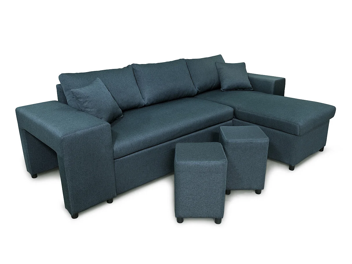 Canapé d'angle convertible 7 places avec pouf en tissu bleu MADY