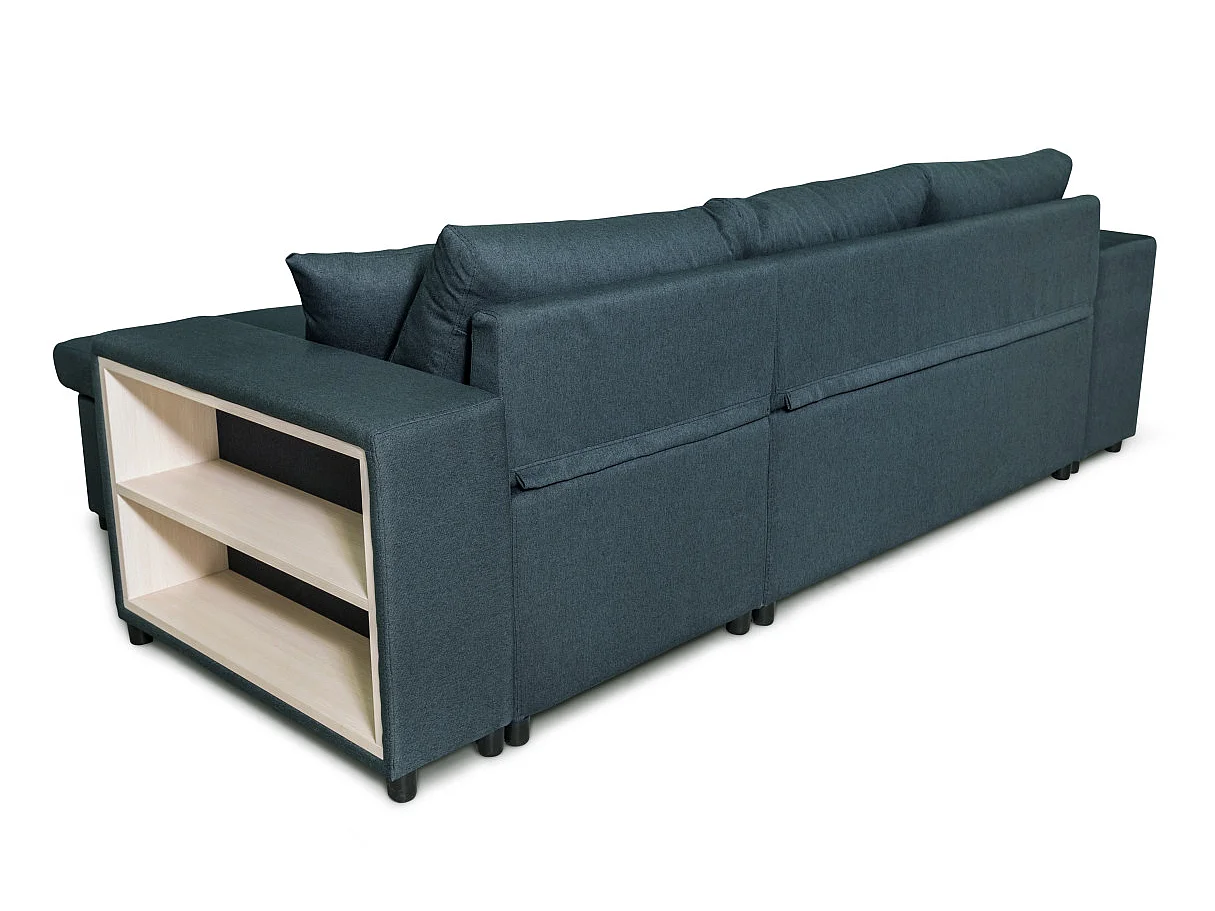 Canapé d'angle convertible 7 places avec pouf en tissu bleu MADY