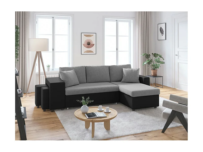 Canapé d'angle 3 places réversible Oslo avec coffre et poufs gauche en tissu et simili- Noir/Gris - L241 x P146 x H81cm - Loungitude