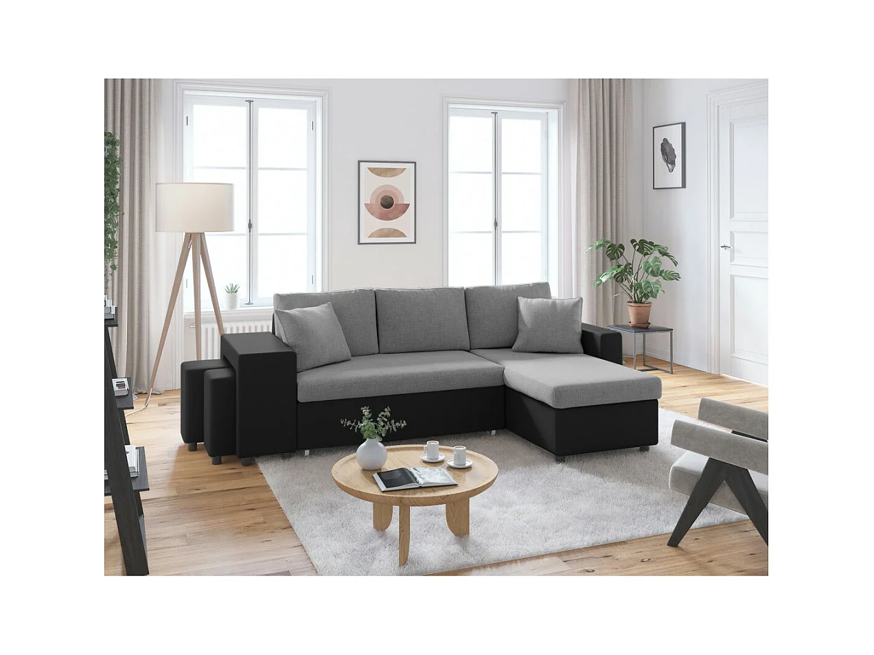 Canapé d'angle 3 places réversible Oslo avec coffre et poufs gauche en tissu et simili- Noir/Gris - L241 x P146 x H81cm - Loungitude