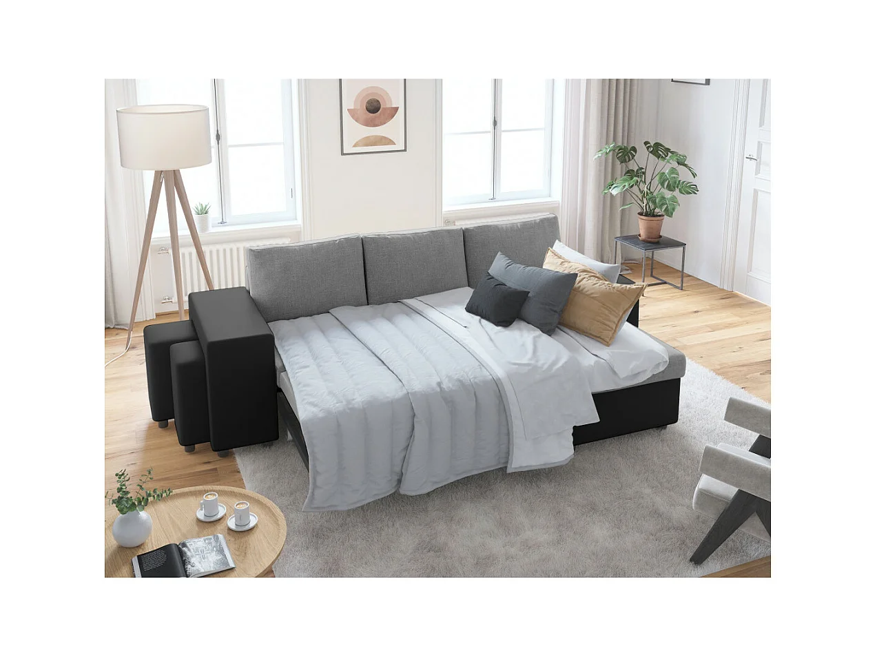 Canapé d'angle 3 places réversible Oslo avec coffre et poufs gauche en tissu et simili- Noir/Gris - L241 x P146 x H81cm - Loungitude