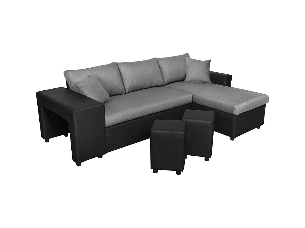 Canapé d'angle 3 places réversible Oslo avec coffre et poufs gauche en tissu et simili- Noir/Gris - L241 x P146 x H81cm - Loungitude