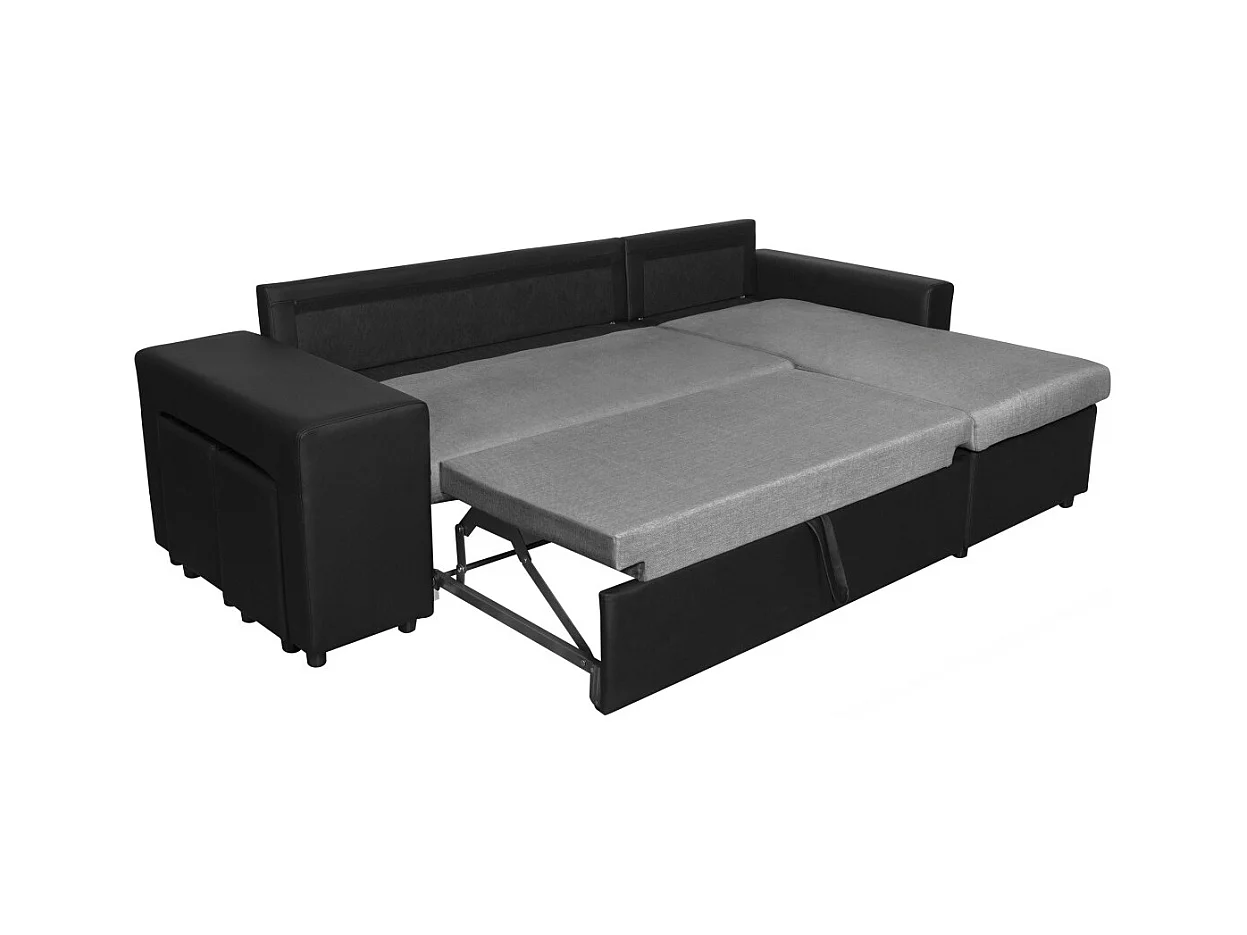 Canapé d'angle 3 places réversible Oslo avec coffre et poufs gauche en tissu et simili- Noir/Gris - L241 x P146 x H81cm - Loungitude