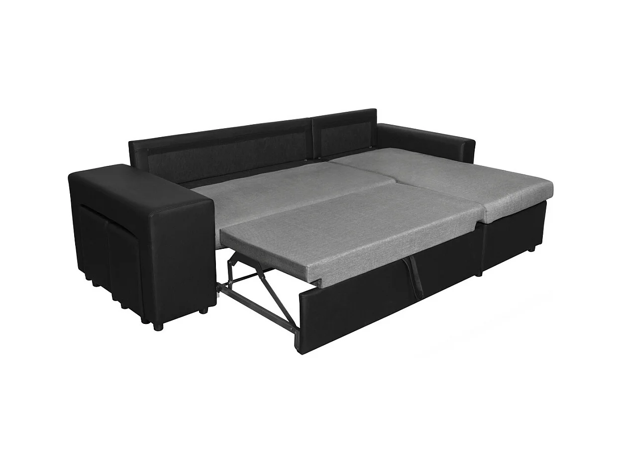 Canapé d'angle 3 places réversible Oslo avec coffre et poufs gauche en tissu et simili- Noir/Gris - L241 x P146 x H81cm - Loungitude