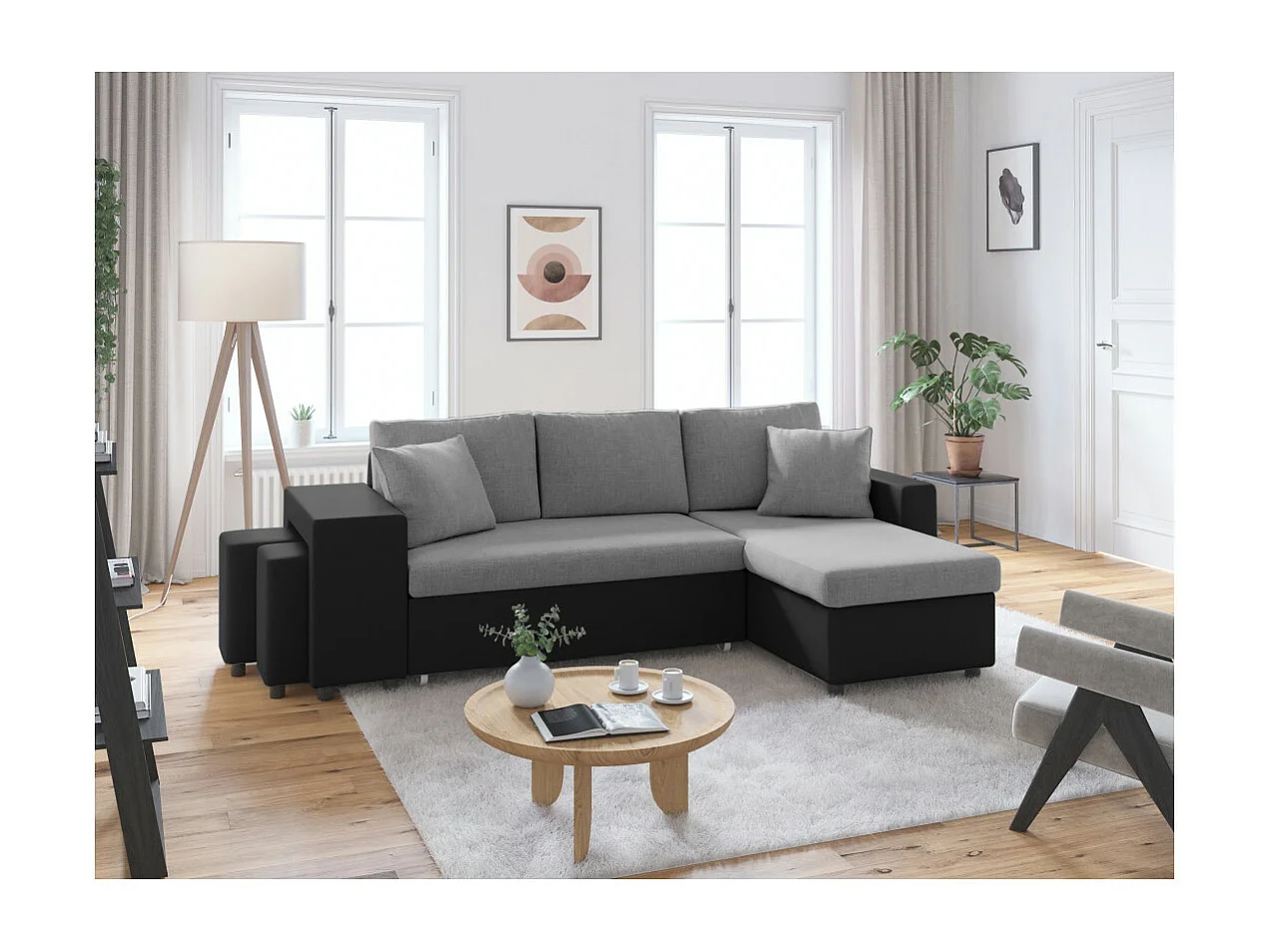 Canapé d'angle 3 places réversible Oslo avec coffre et poufs gauche en tissu et simili- Noir/Gris - L241 x P146 x H81cm - Loungitude