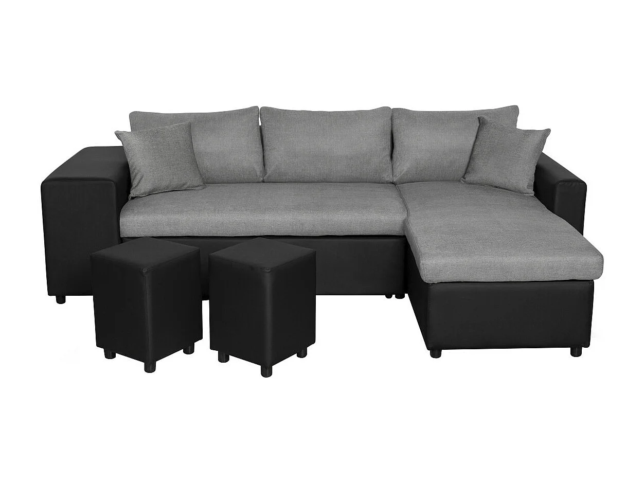 Canapé d'angle 3 places réversible Oslo avec coffre et poufs gauche en tissu et simili- Noir/Gris - L241 x P146 x H81cm - Loungitude