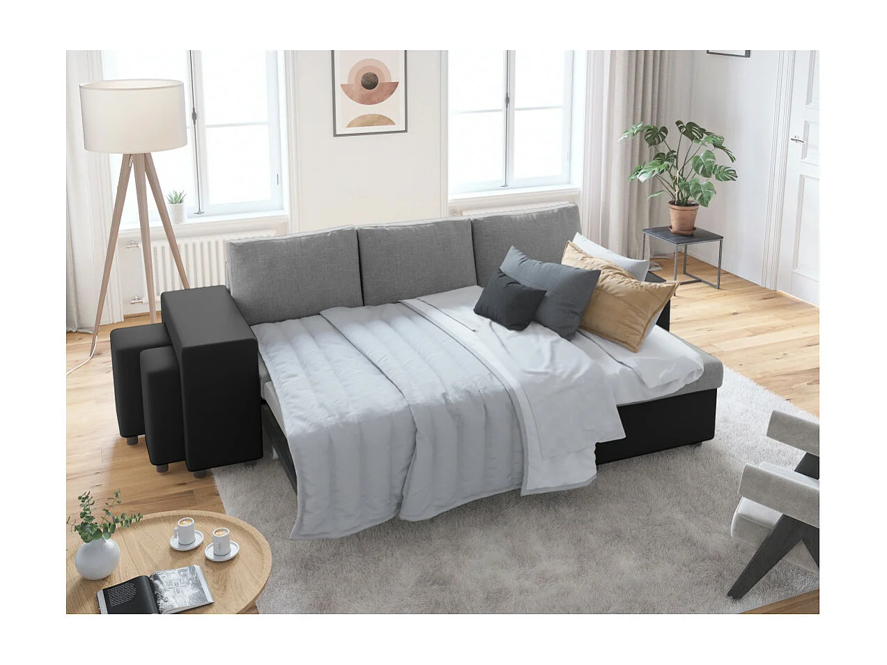 Canapé d'angle 3 places réversible Oslo avec coffre et poufs gauche en tissu et simili- Noir/Gris - L241 x P146 x H81cm - Loungitude