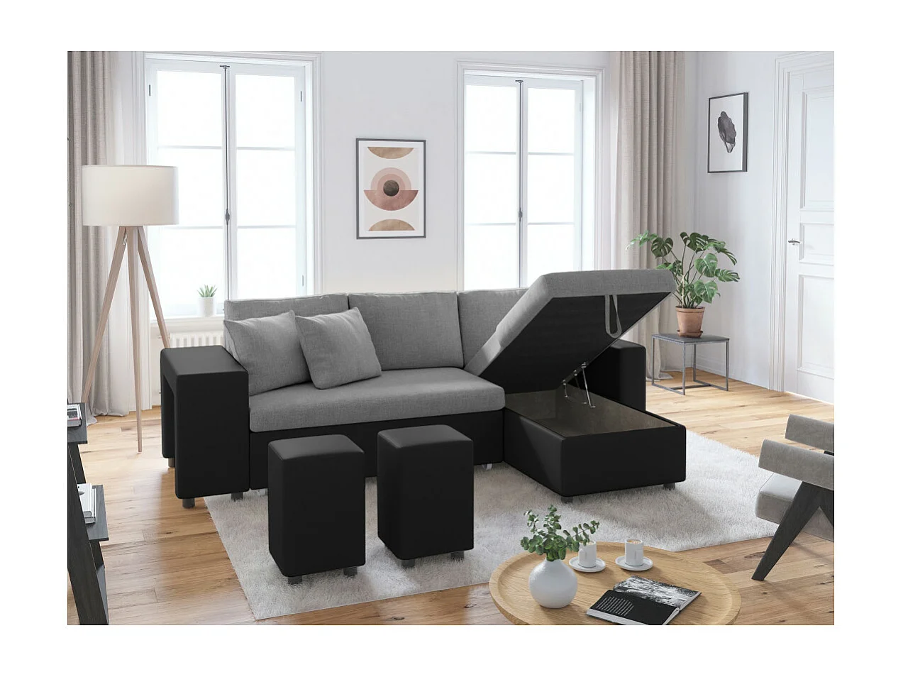 Canapé d'angle 3 places réversible Oslo avec coffre et poufs gauche en tissu et simili- Noir/Gris - L241 x P146 x H81cm - Loungitude