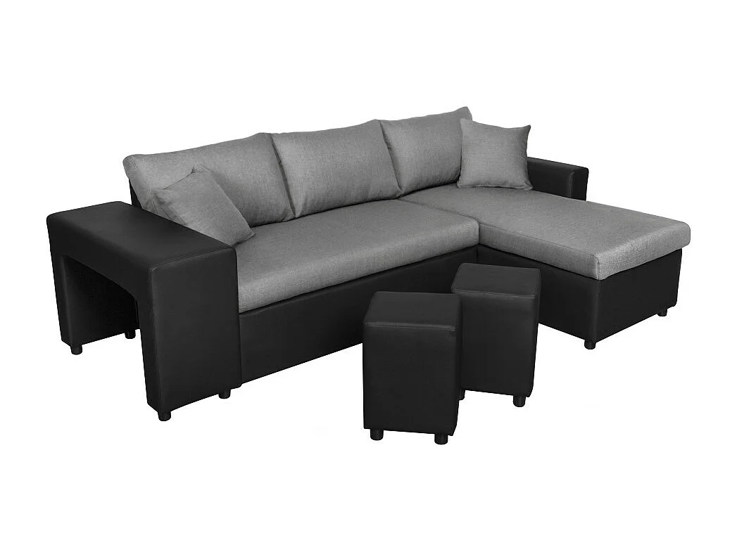 Canapé d'angle 3 places réversible Oslo avec coffre et poufs gauche en tissu et simili- Noir/Gris - L241 x P146 x H81cm - Loungitude