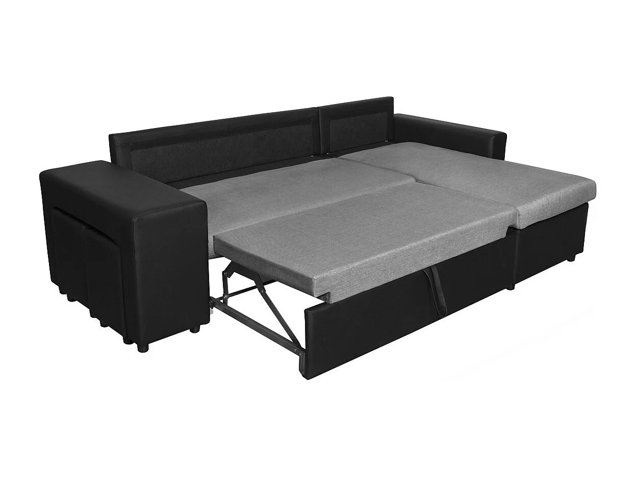 Canapé d'angle 3 places réversible Oslo avec coffre et poufs gauche en tissu et simili- Noir/Gris - L241 x P146 x H81cm - Loungitude