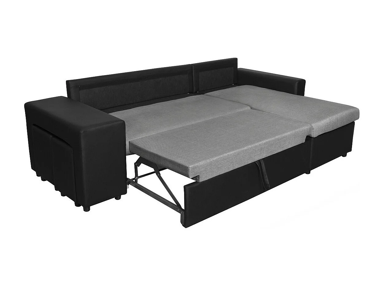 Canapé d'angle 3 places réversible Oslo avec coffre et poufs gauche en tissu et simili- Noir/Gris - L241 x P146 x H81cm - Loungitude
