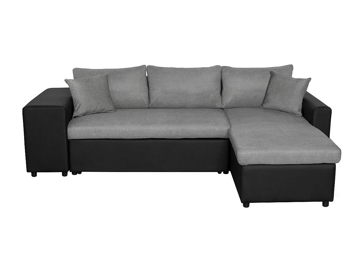 Canapé d'angle 3 places réversible Oslo avec coffre et poufs gauche en tissu et simili- Noir/Gris - L241 x P146 x H81cm - Loungitude