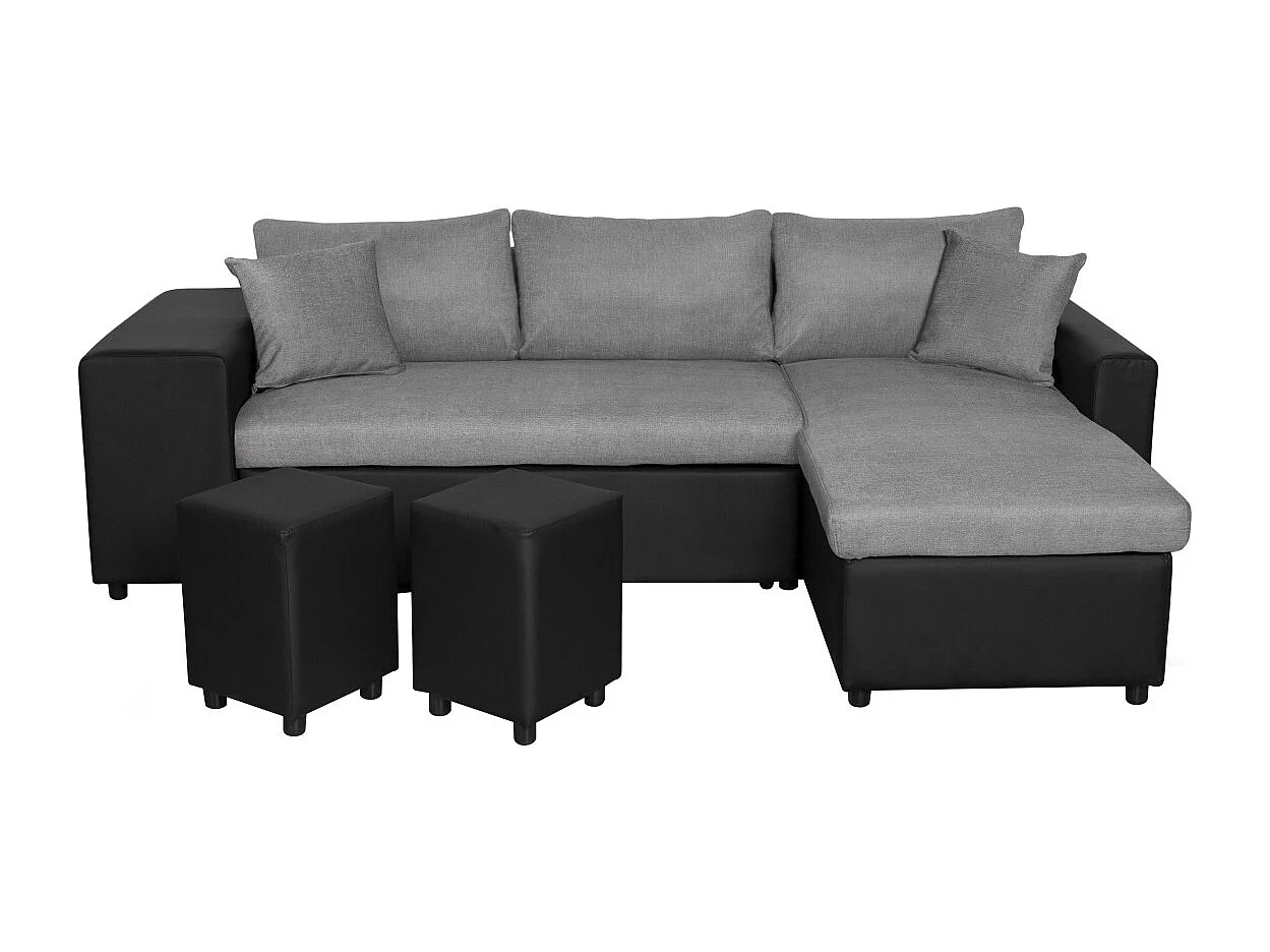 Canapé d'angle 3 places réversible Oslo avec coffre et poufs gauche en tissu et simili- Noir/Gris - L241 x P146 x H81cm - Loungitude