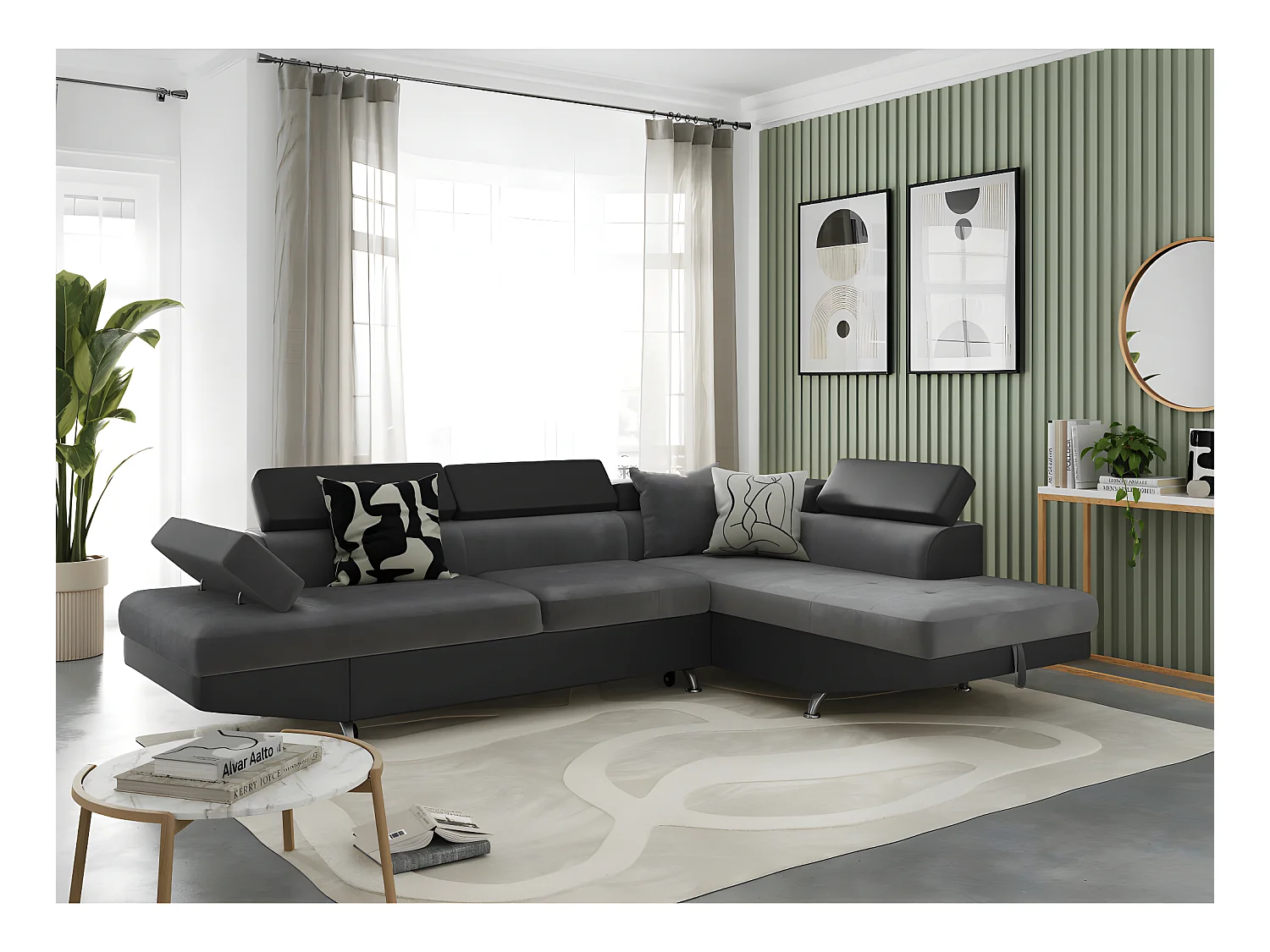 Canapé d'angle droit 5 places Rio Convertible avec coffre en microfibre et simili - Gris/Noir - L271 x P192 x H70cm - Loungitude