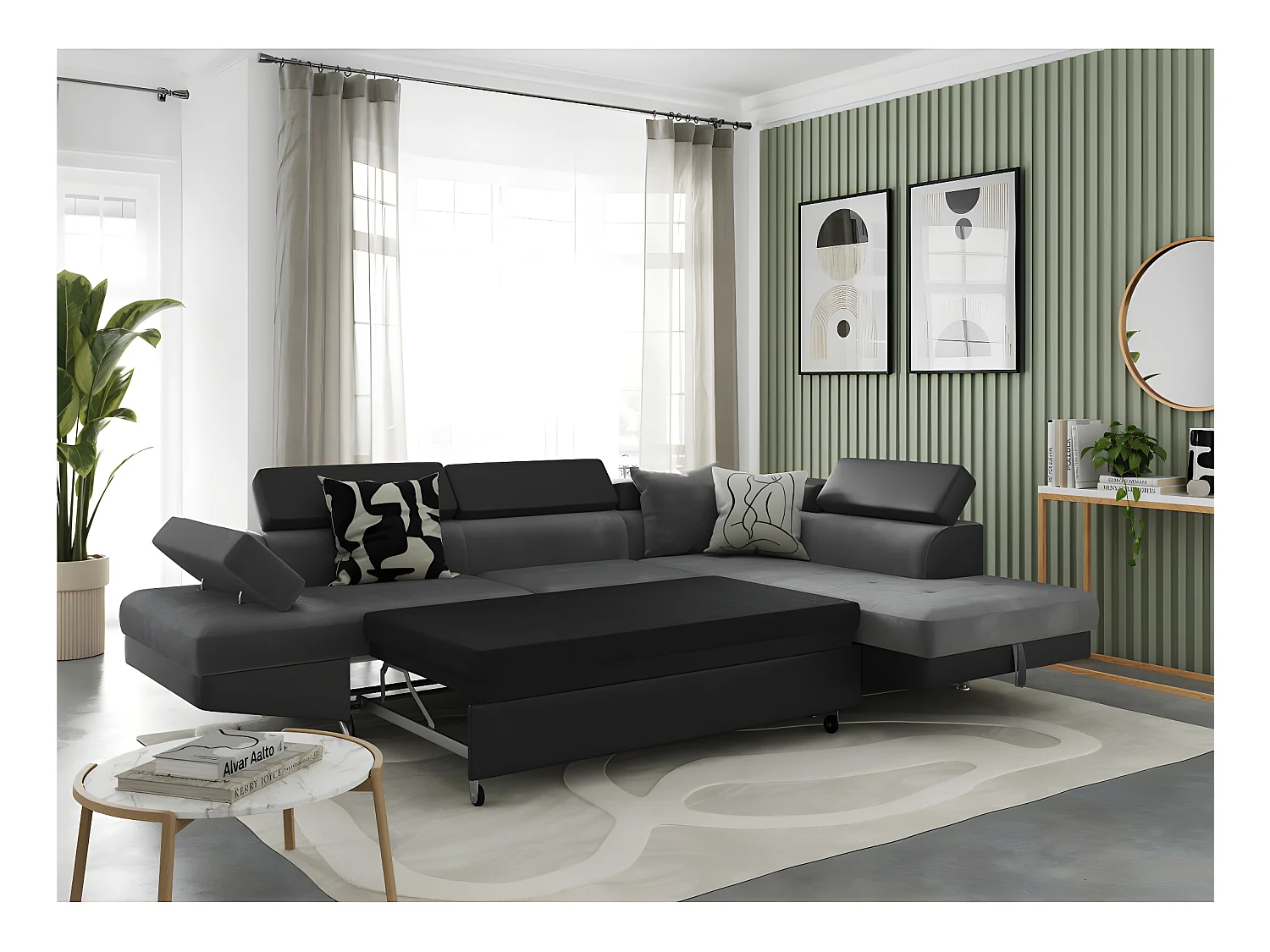 Canapé d'angle droit 5 places Rio Convertible avec coffre en microfibre et simili - Gris/Noir - L271 x P192 x H70cm - Loungitude