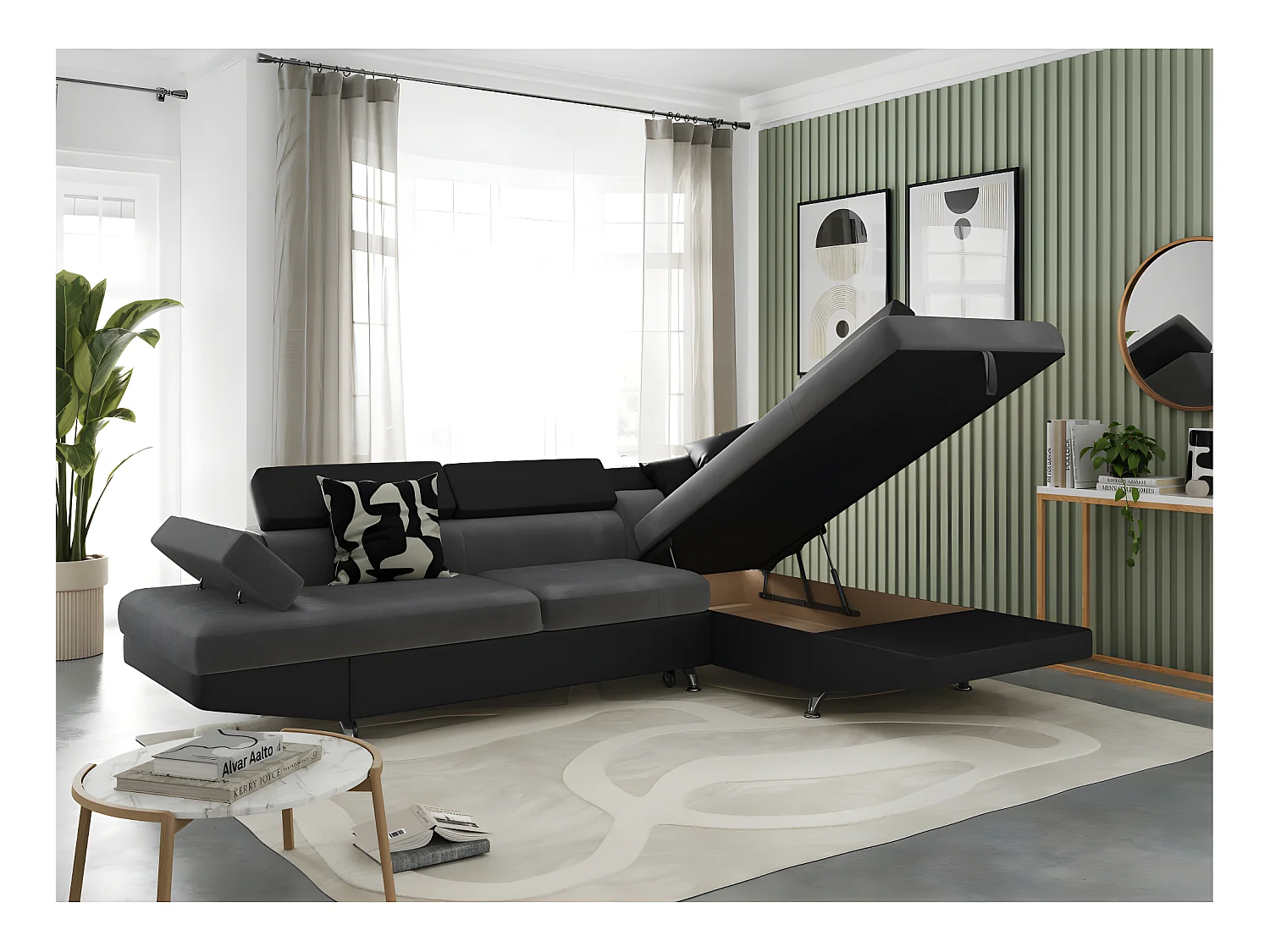 Canapé d'angle droit 5 places Rio Convertible avec coffre en microfibre et simili - Gris/Noir - L271 x P192 x H70cm - Loungitude