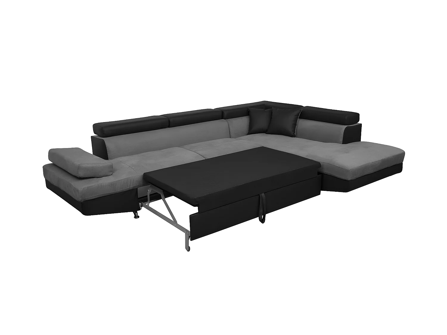 Canapé d'angle droit 5 places Rio Convertible avec coffre en microfibre et simili - Gris/Noir - L271 x P192 x H70cm - Loungitude