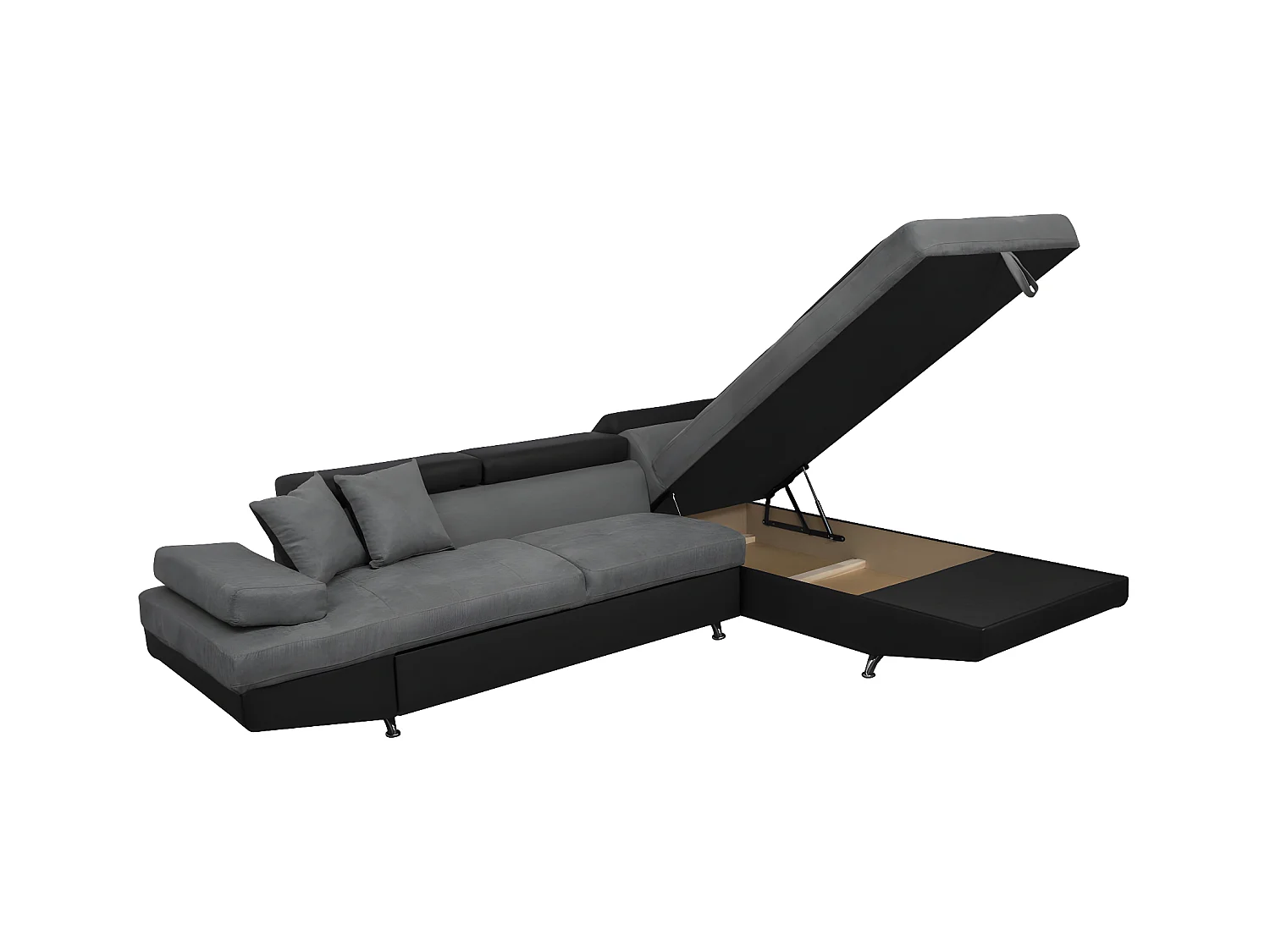 Canapé d'angle droit 5 places Rio Convertible avec coffre en microfibre et simili - Gris/Noir - L271 x P192 x H70cm - Loungitude