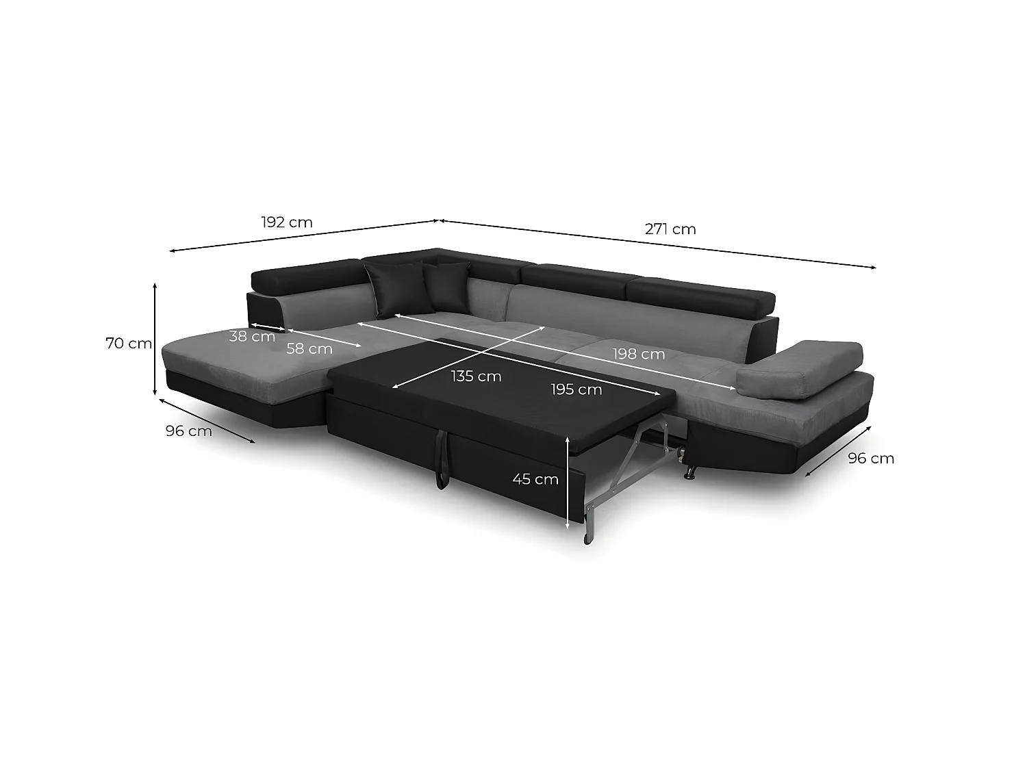 Canapé d'angle droit 5 places Rio Convertible avec coffre en microfibre et simili - Gris/Noir - L271 x P192 x H70cm - Loungitude