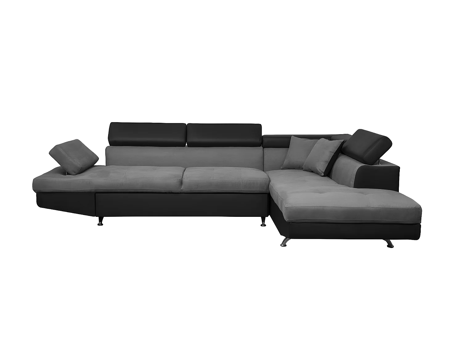 Canapé d'angle droit 5 places Rio convertible avec coffre en microfibre et simili - Gris/Noir - L271 x P192 x H70cm - Loungitude