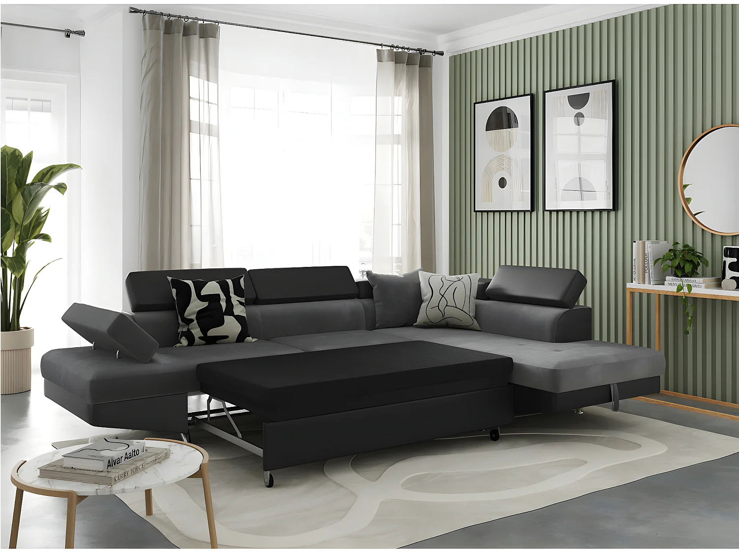 Canapé d'angle droit 5 places Rio convertible avec coffre en microfibre et simili - Gris/Noir - L271 x P192 x H70cm - Loungitude