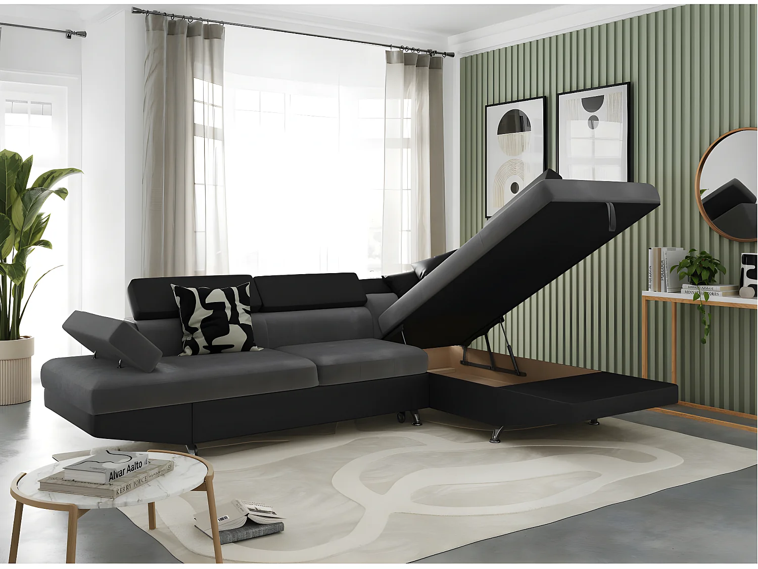 Canapé d'angle droit 5 places Rio convertible avec coffre en microfibre et simili - Gris/Noir - L271 x P192 x H70cm - Loungitude